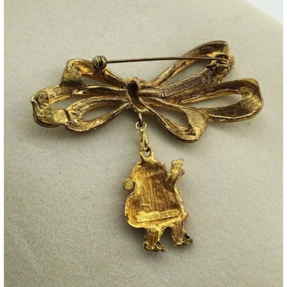 Vintage 2 Piece Set Of PHISTER Bow Brooch With Holiday Santa Charm 3” Gold Toned